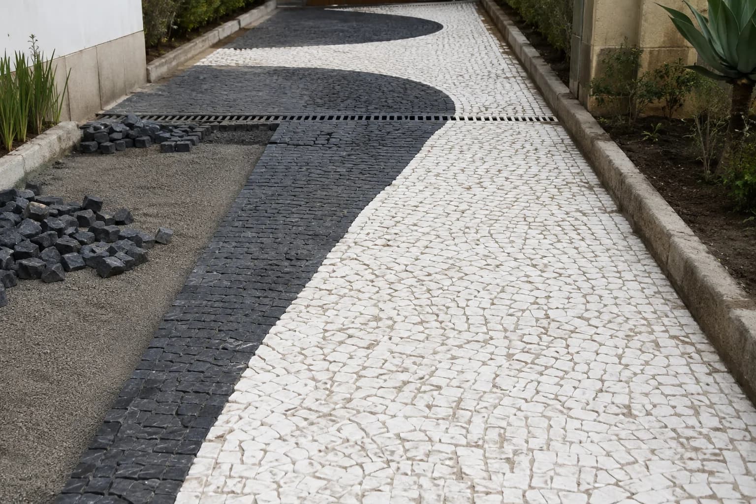 Calçada com pedras portuguesas brancas e pretas