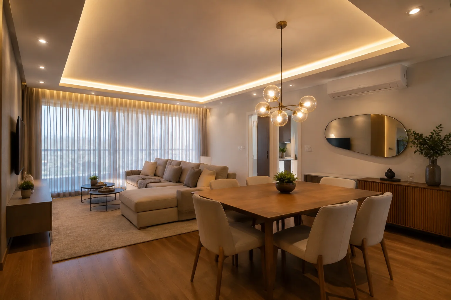 Sala completa com teto de drywall, sanca e spots
