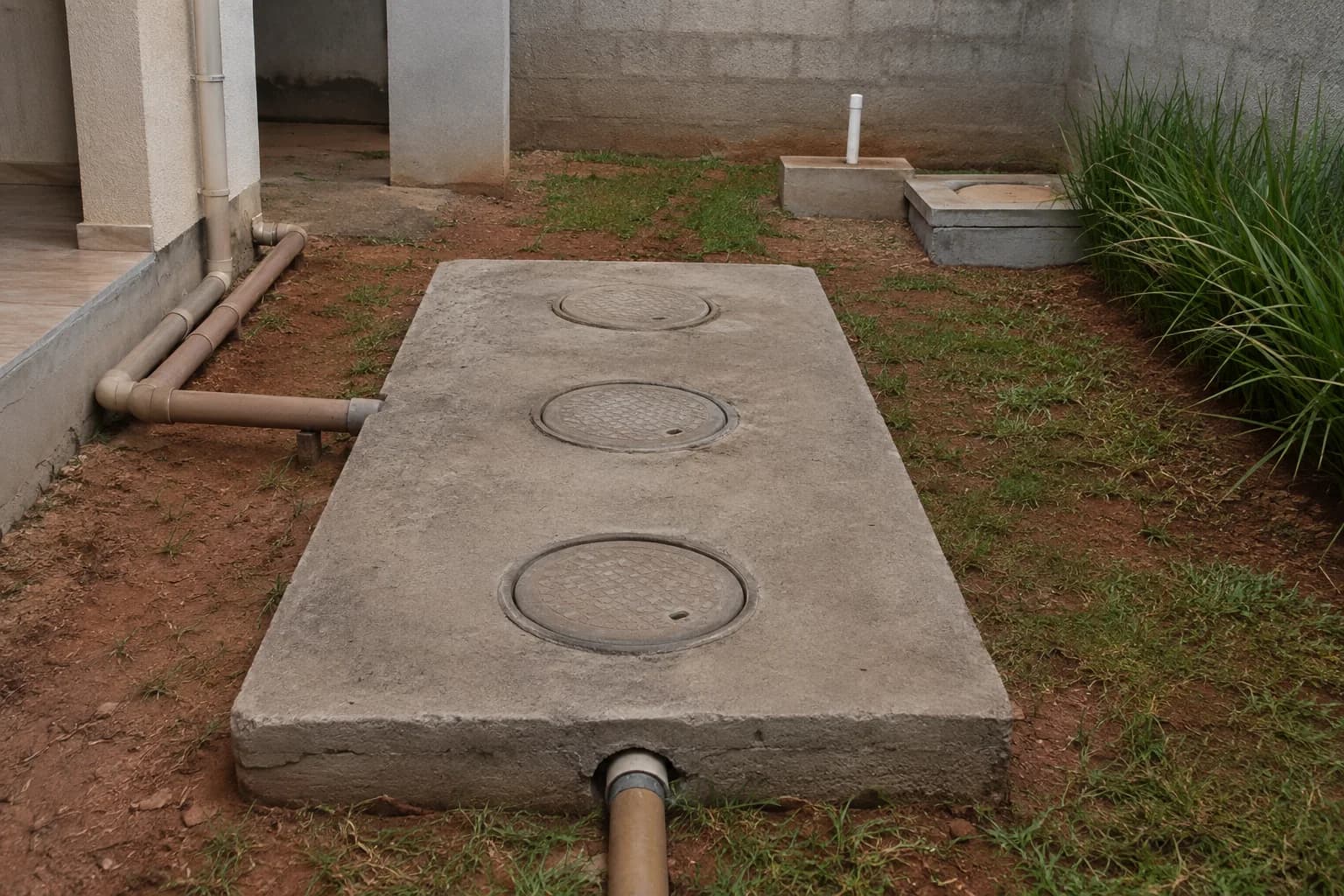 Fossa séptica residencial instalada com tampas de inspeção